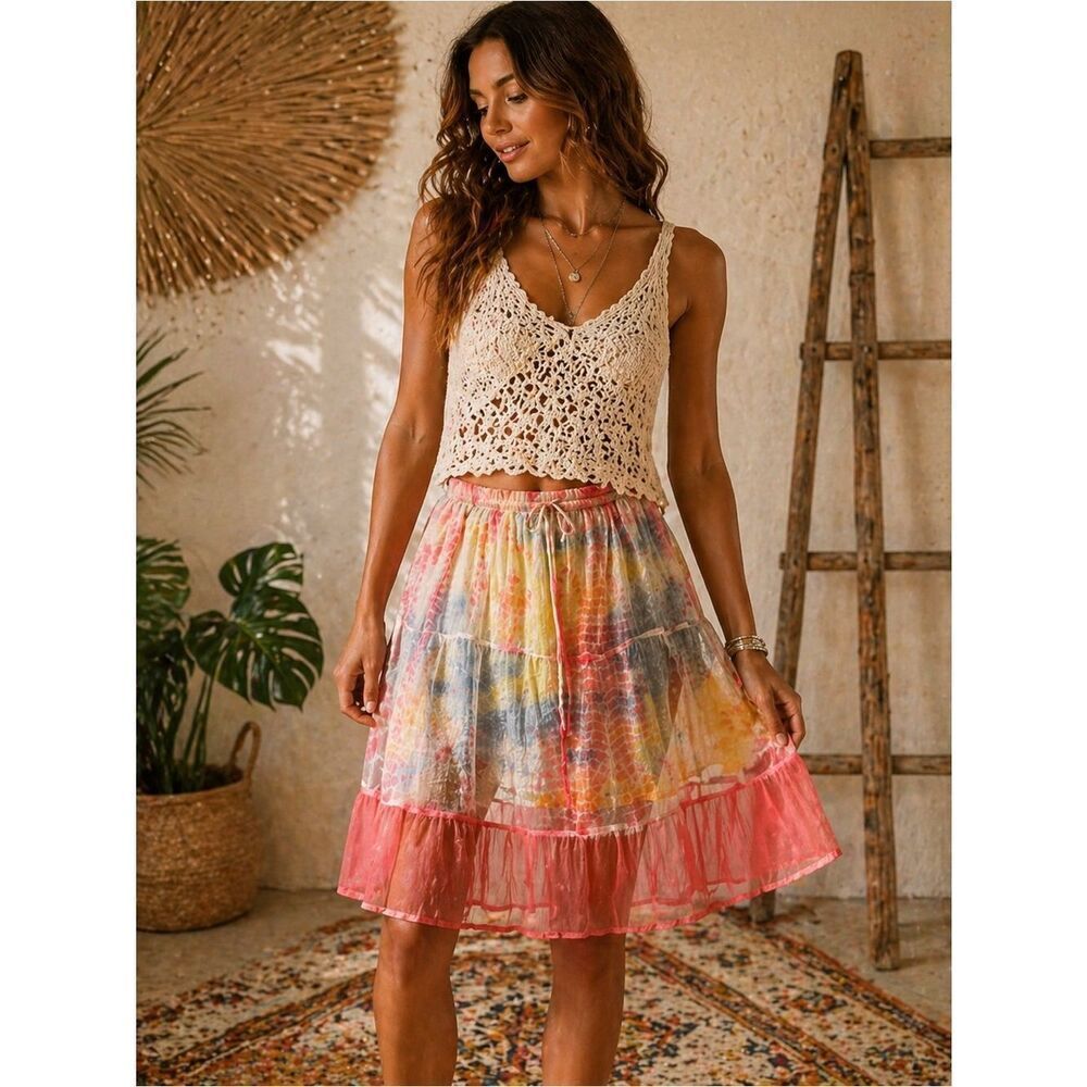 Cynthia Mehra Sheer Tie Dye Tiered Skirt One Size Boho Festival